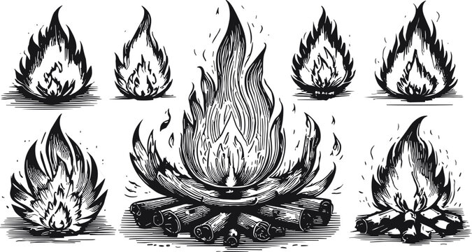Hand Drawn Fire Flame and Bonfire Vector Illustration Set with Engraved Elements for Camping, Outdoor Adventure, and Grill Logo Designs