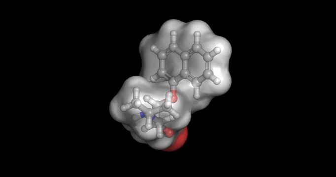 Propranolol, beta-blocker for lowering blood pressure and chest pain (angina) prevention, 3D molecule spinning, 4K