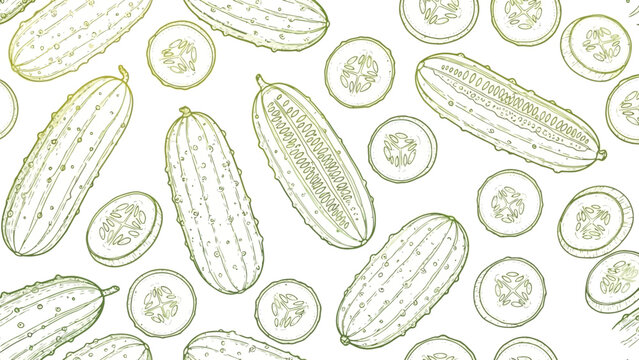 Seamless pattern with cucumbers and cucumber slices. healthy food background. hand drawn outline sketch style vector illustration on white background.
