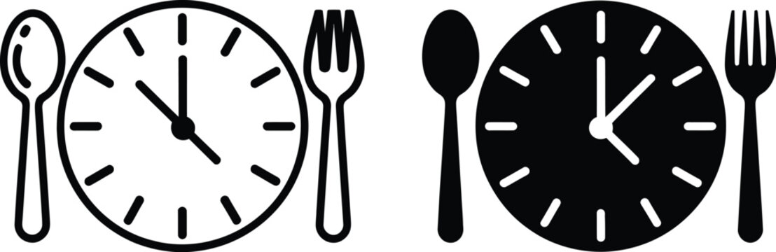 Clock plate icons featuring spoon and fork symbols for meal time, lunch break, dinner schedule, intermittent fasting, healthy eating habits, and nutrition planning