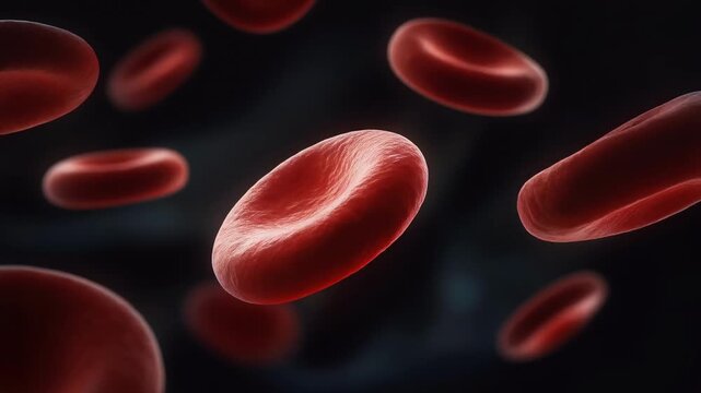 Close up of red blood cells flowing smoothly through dark bloodstream for medical and health visuals