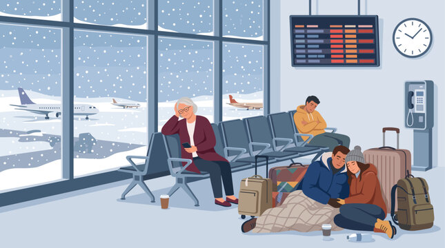 Stranded travelers wait wearily in a snowy airport terminal as flights are delayed during winter weather.