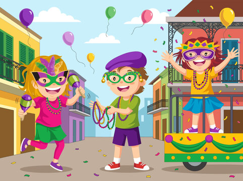 Costumed children celebrate Mardi Gras with beads, masks, balloons, and a decorated parade float on a festive street.