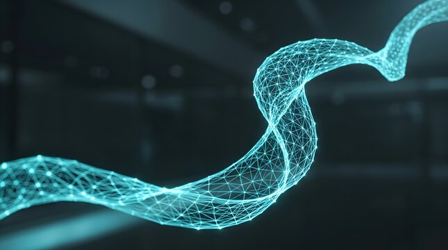Abstract blue 3d wireframe network mesh ribbon floating with connected nodes and lines