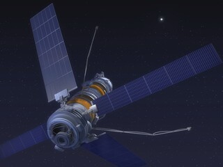 Artificial satellite orbiting in deep space with solar panels extended satellite technology communication astronomy exploration engineering telecommunications universe scientific mechanical © MEHAR