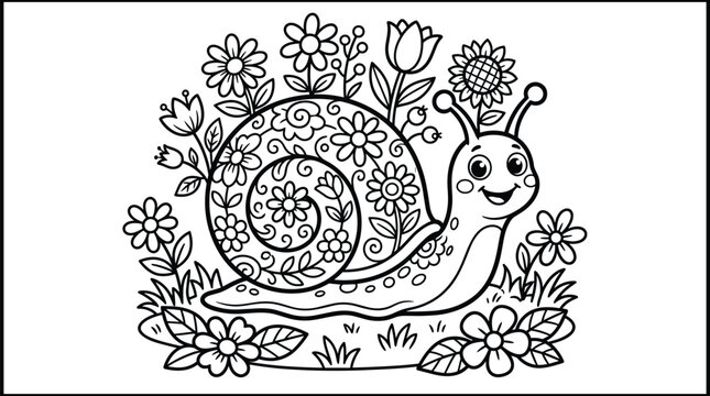 Cute Snail Coloring Page Vector Illustration with Flowers, Cartoon Garden Animal Outline for Kids Printable Coloring Book Activity Sheet