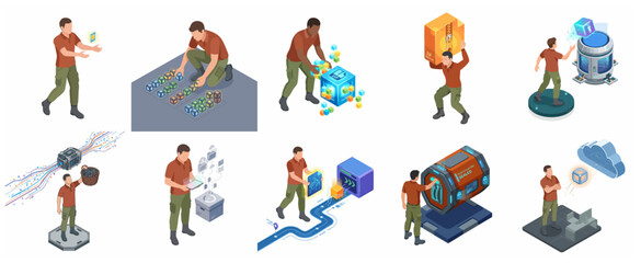 Fototapeta premium Isometric Data Management and Cloud Storage Illustration Set Featuring Characters Organizing Digital Files, ZIP Archives, and Information Technology Infrastructure