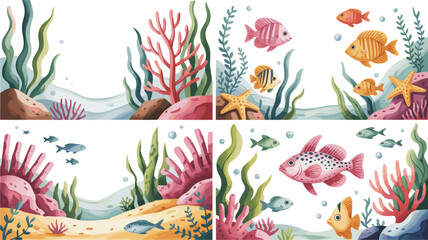 Watercolor Underwater Ocean Scene Vector Landscape Set with Colorful Tropical Fish Seaweed Coral Reefs and Starfish for Marine Life Graphic Designs © Roymohan