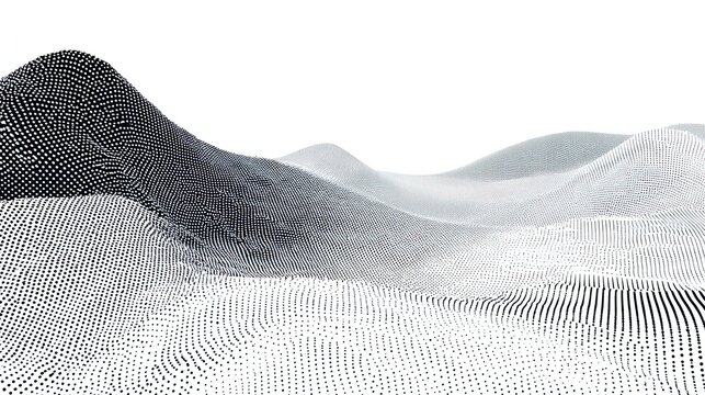 Dot particle tech wave mountain abstract background, black white digital terrain surface, big data technology visualization asset