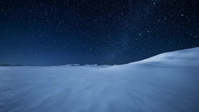 Starry night sky over snowy mountain valley