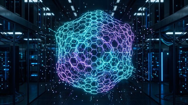 Abstract glowing hexagonal data network in a server room, symbolizing ai, quantum computing, and big data