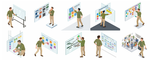Fototapeta premium Isometric Businessman Managing Agile Kanban Boards for Marketing Campaigns and Project Planning