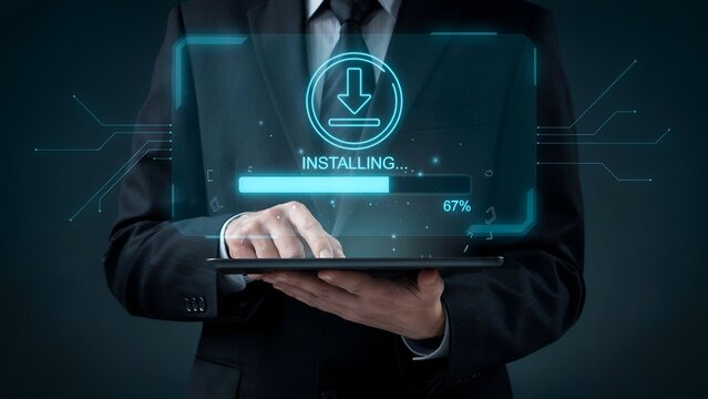 Businessman installing software on a digital tablet, futuristic technology concept