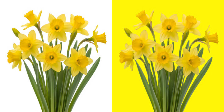 Beautiful yellow daffodils bouquet on dual backgrounds