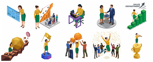 Fototapeta premium Business Success and Sales Growth Isometric Vector Illustration Collection Featuring Teamwork and Leadership Concepts