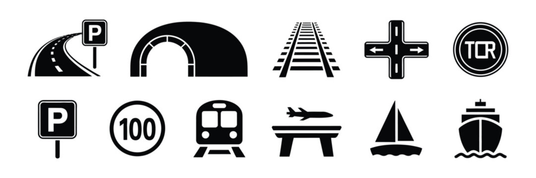Transport Infrastructure Vector Icon Set with Road Network, Bridge, Tunnel, Railway, Parking, Navigation, and Traffic System Symbols