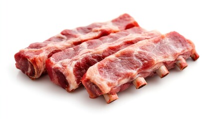 Fototapeta premium Pork Ribs Ready for the Grill: A close-up shot showcases three uncooked pork ribs, glistening with marbling, presented on a stark white background.
