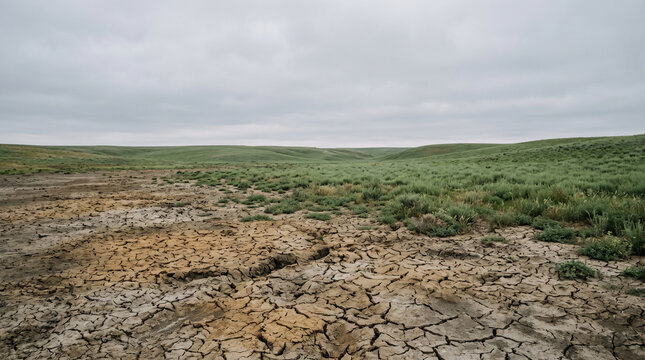 Arid cracked soil transitioning into green grassland under a cloudy overcast sky landscape view with captures stark contrast between parched