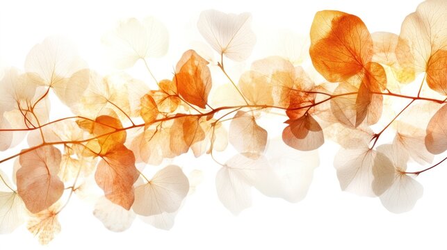 Ethereal Autumn Leaves: Delicate branches adorned with translucent, golden-hued autumn leaves, creating a soft, dreamy, and abstract visual.