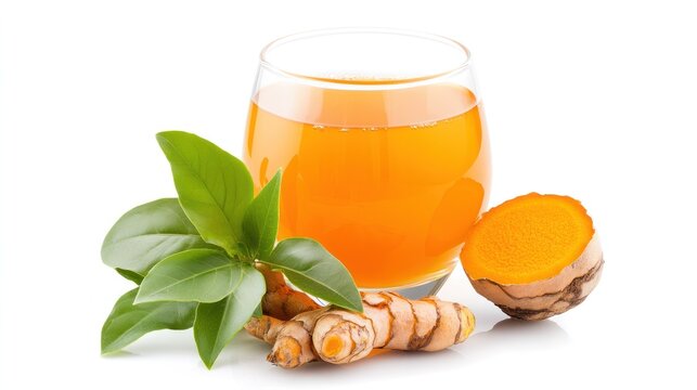 Turmeric Juice and Root: A refreshing glass of vibrant turmeric juice is presented alongside fresh turmeric root and leaves, showcasing the natural essence of this powerful spice.