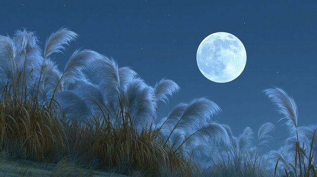 Tall fluffy pampas grass swaying under bright full moon on a beautiful starry dark blue night sky shows dreamy tranquil natural landscape