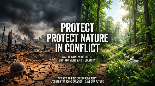Environmental contrast between war torn barren land and lush vibrant green forest ecosystem scenes with displays stark contrast forest side side