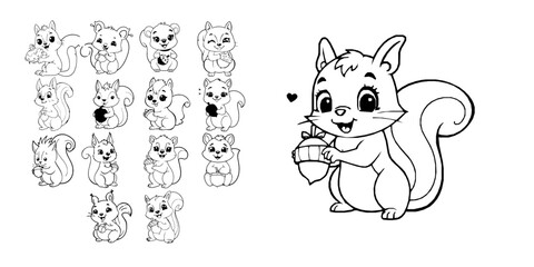 Obraz premium Smiling Cartoon Squirrel Holding An Acorn Coloring Page