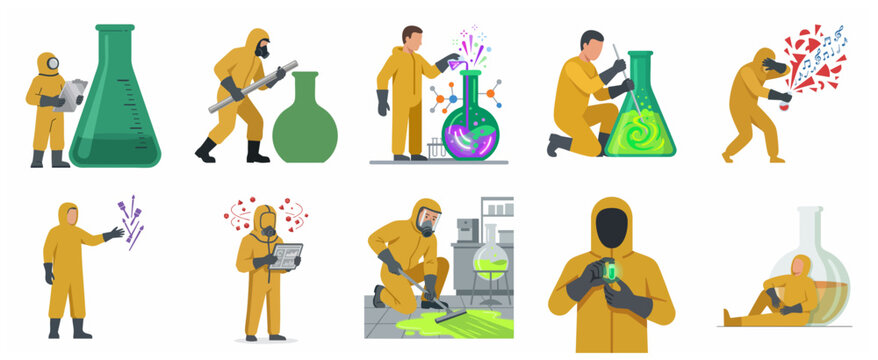 Set of flat vector illustrations of scientists in yellow hazmat suits working with chemicals and cleaning toxic spills in a laboratory