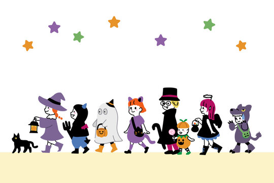 ハロウィンで仮装をした笑顔の子供たち・カラフルなベクターイラスト