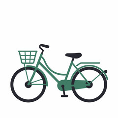 Fototapeta premium Minimalist green bicycle illustration with a front basket and rear rack isolated on white background, simple vector icon design for eco-friendly transportation and urban lifestyle concept
