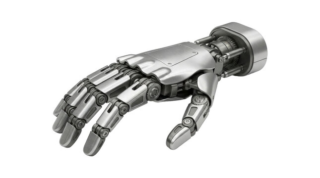 Robotic Hand Prototype: A detailed, metallic robotic hand with articulated fingers rests in a poised position, showcasing advanced engineering and future technology.