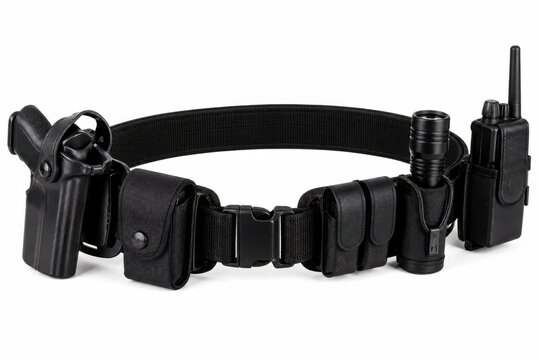 Tactical gun holster belt with multiple firearm attachments. Heavy-duty modular pistol carrier system for law enforcement and security professionals.