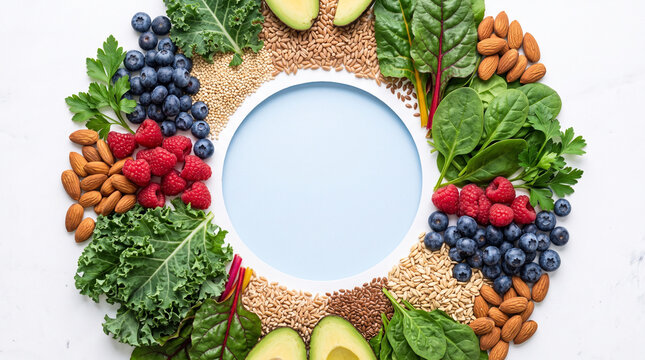 Fresh superfood ingredients arranged circularly around blank center space for healthy eating concept presentation with vibrant circular arrangement