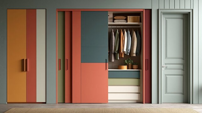 Contemporary multi colored built-in wardrobe with partially open sliding door showing organized hanging clothes and storage drawers in modern residential entryway