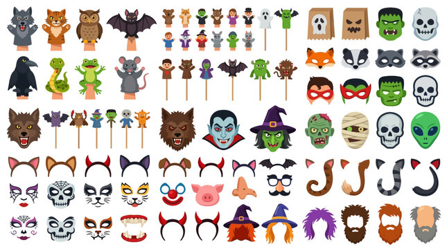 Halloween photo booth props and finger puppets collection, spooky costume accessories vector set, monster masks and party favors for kids