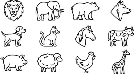 Obraz premium Wild and Farm Animal Icon Set with Lion, Elephant, Bear, Wolf, Dog, Cat, Horse, Cow, Pig, and Sheep Symbols