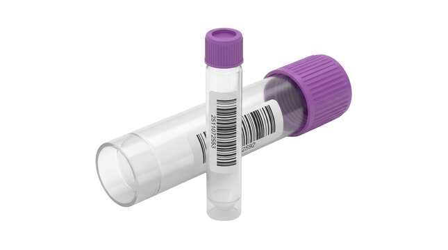 Medical Test Tubes: Two clear plastic test tubes with purple caps, one standing upright and the other lying down, suggesting a medical or scientific testing context.