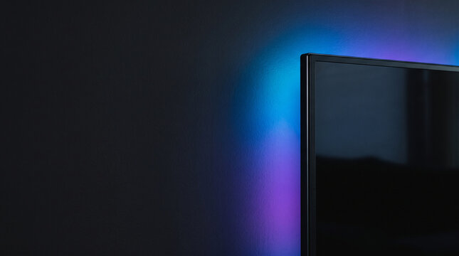 Modern flat screen display edge illuminated by vibrant blue and purple ambient backlight effects with light against minimalist minimalist matte wall