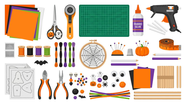 Halloween craft supplies and DIY sewing kit vector, orange and purple handmade hobby tools, creative spooky embroidery and felt workshop elements
