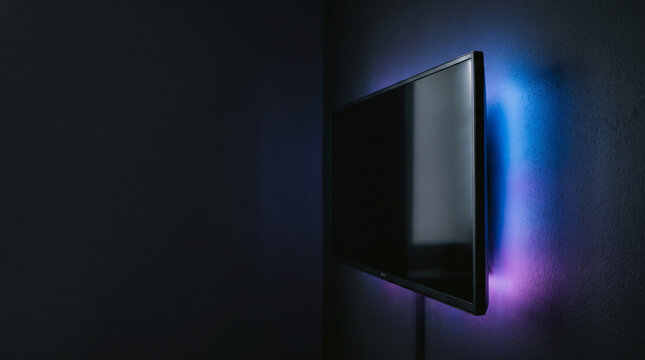 Modern flat screen television mounted on dark wall with vibrant ambient blue backlight glow with lighting illuminating surrounding sleek flat