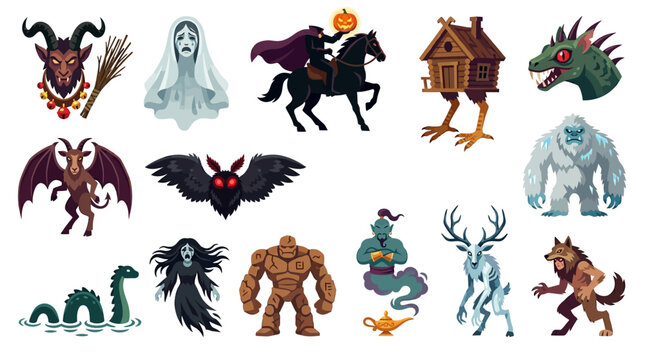 Mythical creatures and folklore monsters vector set, 14 spooky halloween cryptid icons, legendary beast characters for gaming and fantasy design