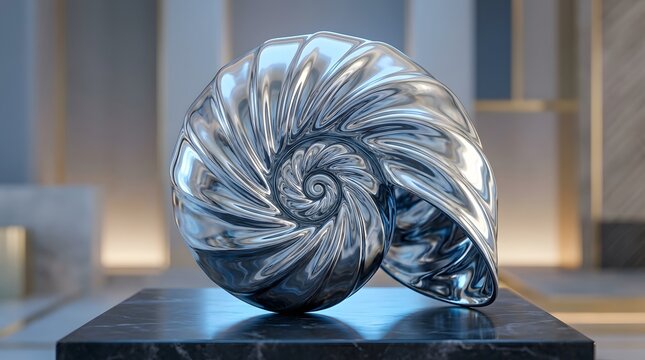 Abstract metallic nautilus shell on a marble pedestal