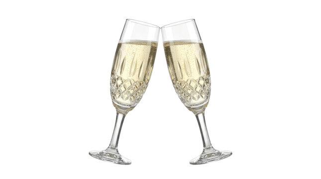 Champagne Toast: Two elegant champagne flutes, filled with bubbly golden champagne, clink together in a celebratory toast, their crystal facets catching the light.