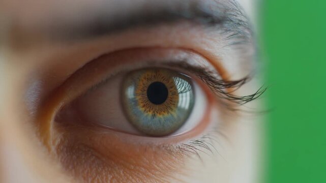 Human eye with hazel and blue iris looking forward against a soft green background, detailed macro of pupil and skin, concept of vision and identity