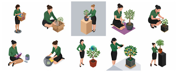 Naklejka premium Isometric business woman caring for money trees and plants, conceptualizing financial growth, investment, and fintech startup development.