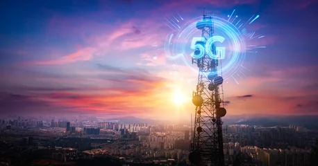 Signal tower or Mobile phone tower with dayligth sky. Telecommunication tower with 5G cellular network antenna. Global connection and internet network concept. © paul