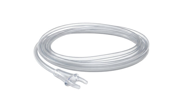 Nasal Cannula for Oxygen Therapy: A close-up view of a clear plastic nasal cannula, a medical device used to deliver oxygen to patients.