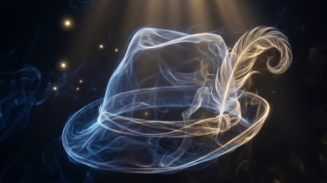 Ethereal fedora hat formed from swirling golden and blue smoke against dark atmospheric background