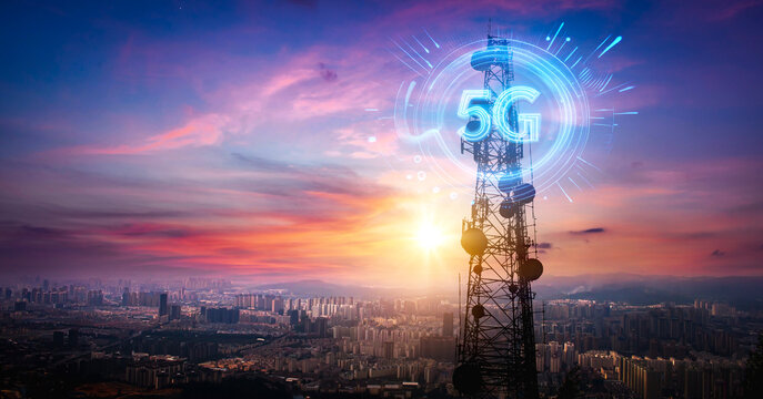 Signal tower or Mobile phone tower with dayligth sky. Telecommunication tower with 5G cellular network antenna. Global connection and internet network concept.