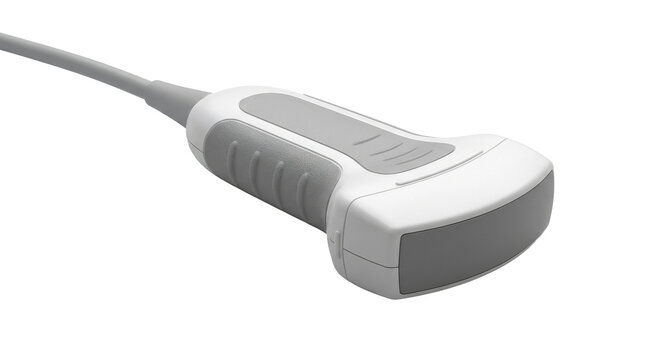 Medical Ultrasound Transducer: A modern ultrasound probe, essential for medical diagnostics, featuring a sleek design and a connecting cable.